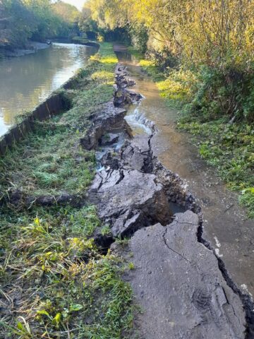 Towpath damage caused by Storm Babet. Image provided couresty of The Canal and Rivers' Trust.