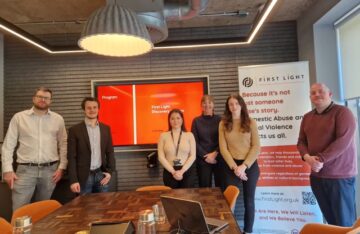 Image shows (left to right): Richard Baker, Director of Governance and Compliance at First Light; Mark Lucking, Marketing Communications Officer at First Light; Leah Erdbrink, Account Manager at Program; Lyn Gooding, CEO at First Light; Isobel Shaw, Account Manager at Program; Thomas Godwin, Head of Communications and Income Generation at First Light.