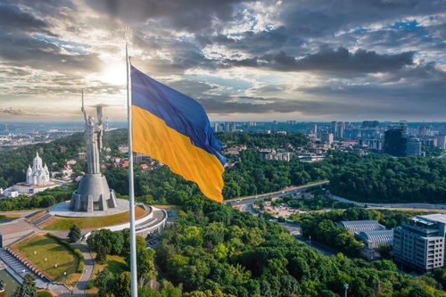 An aerial view of the Motherland statue in Kyiv, Ukraine (July, 2021). Credit: Pandora Pictures / Shutterstock.