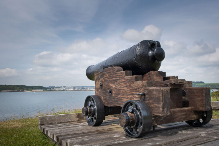 A newly restored cannon from the early 19th century looks out to sea. The cannon is on loan from the Royal Armouries. Photography: Emily Whitfield-Wicks.