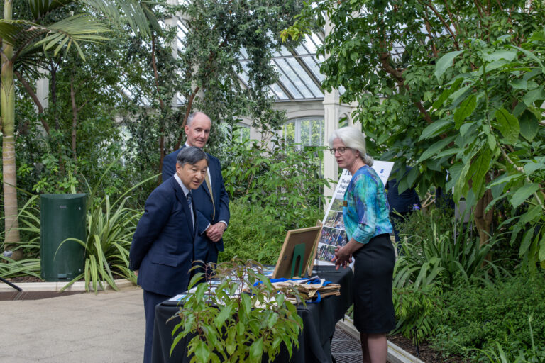 Image shows: Emperor Naruhito, Director of RBG Kew, Richard Deverell OBE and Elinor Breman, Senior Research Leader at the seed bank. Photography: Ines Stuart-Davidson. Copyright: RBG Kew.