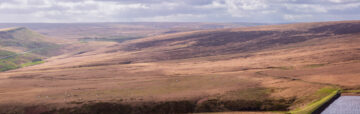 A panoramic view of the peat bunds on Marsden Moor. These were installed last year in partnership with Manchester University and Moors for the Future. View from the Buckstones car park. Image credit: David Preston (provided by The National Trust).