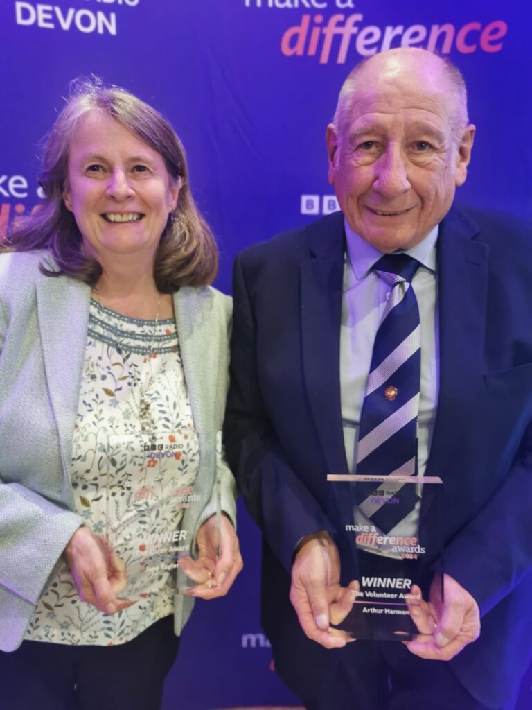 Westbank volunteers Jane Taylor and Arthur Harman with their awards. Image provided courtesy of BBC Radio Devon.