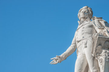 The Mozart monument in front of Palmenhaus, near Neue Burg and Hofburg Palaces garden, in Vienna, Austria. Photograph: Oleg Senkov / Shutterstock.