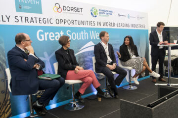 Panel discussion at the Great South West Pavilion at UKREiiF 2024. Image provided by Program.