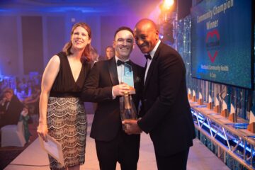 Devon Chamber of Commerce’s Business Awards 2025. From left: Anna Lake from Client Talk, Chris Bloye from Westbank Community Health and Care together with Ian Washington-Smith from Mindsmith. Image: Jay Stone (provided by IF-Media).