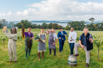 The farmers, growers, chefs & producers behind the Taste East Devon Food Festival. From left to right: Sophie (The PIG-at Combe), John Hammond (Ebb Tides), George Dart (Darts Farm), Phil David (the Butchers at Darts Farm), Michael Caines (Lympstone Manor) and Patrick McCaig (Otter Brewery). Image: Becky Craven.