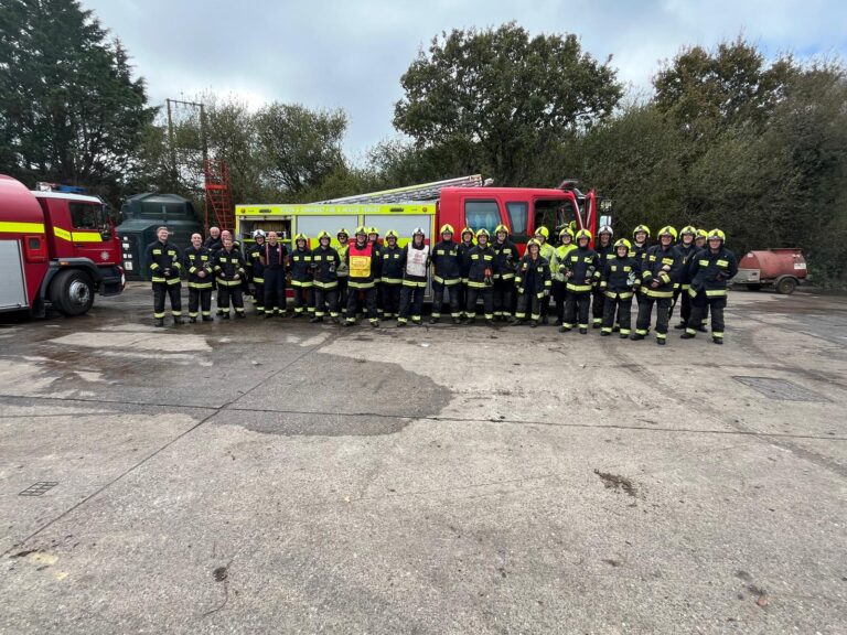The teams from Devon & Somerset Fire Rescue Service which successfully extinguished the blaze at the Torrington site. Image: Steve Hadley, Managing Director of Coastal Recycling.