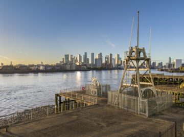 Protected as a Scheduled Monument: Submarine telephone cable hauler and gantry at Enderby's Wharf, Royal Borough of Greenwich. Image: © Historic England Archive.