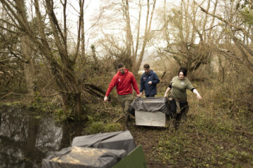 Wild beavers are carried to the release site on the Holnicote Estate, Somerset. Image: © James Beck / National Trust Images.