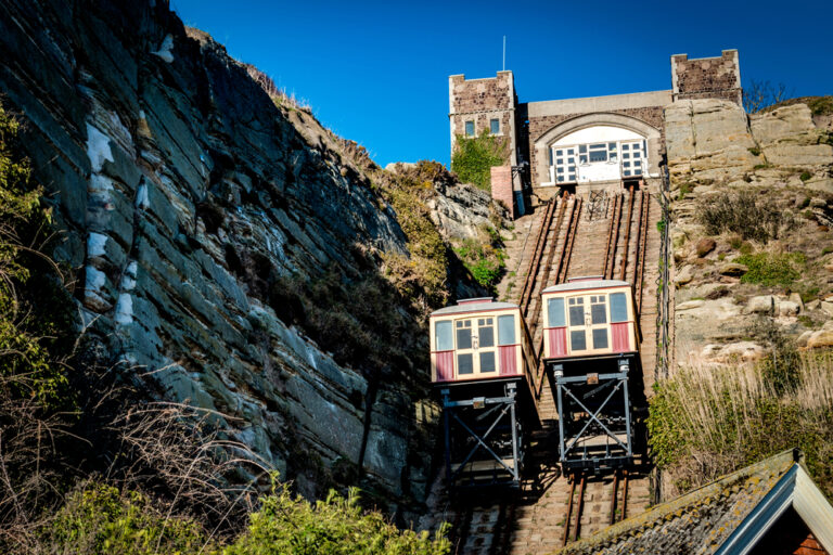 East Hill Cliff Railway in Hastings. The funicular railway’s cable cars are operated by cable - with ascending and descending cars neatly counterbalanced. Image: Victor Moussa / Shutterstock.