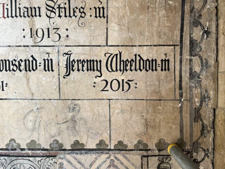 Jeremy Wheeldon's name being added to the wall of the Ringers’ Chapel. The chapel itself dates back to the 1600s. Image provided by Lincoln Cathedral.